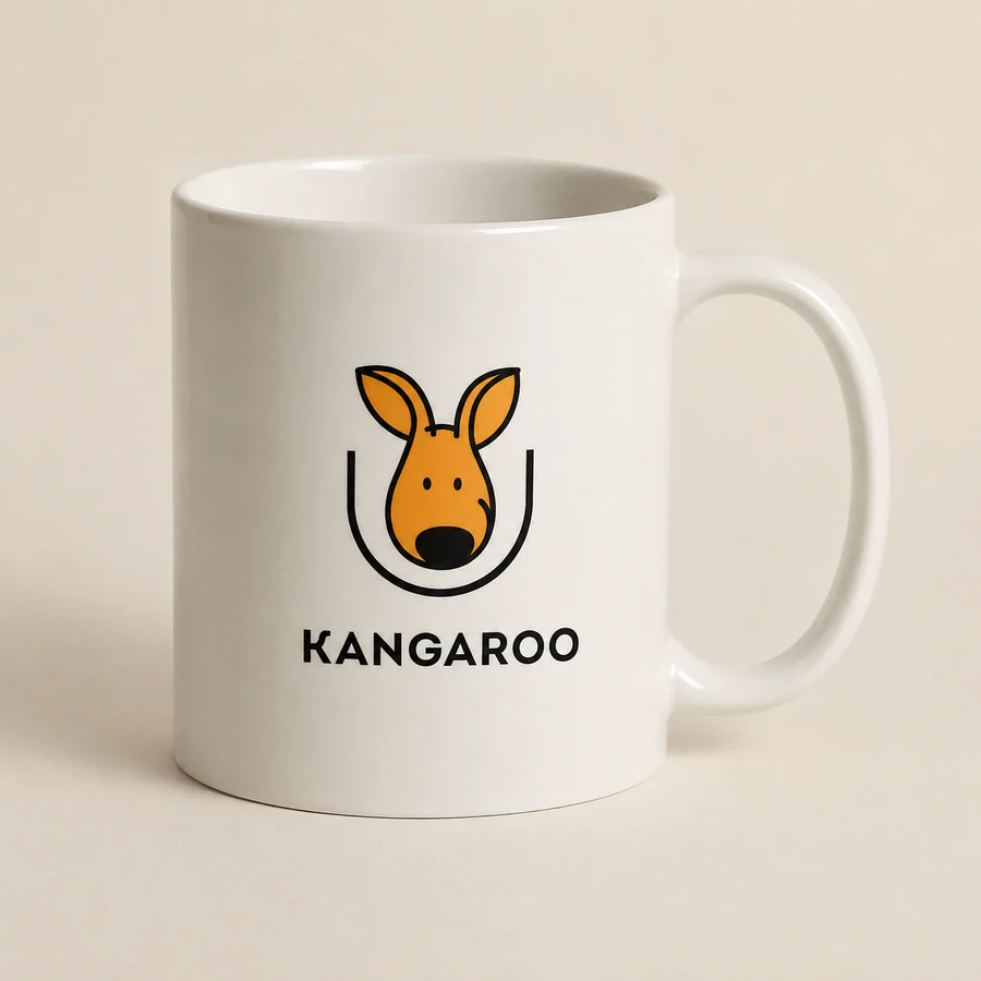 Біла глянцева чашка 330 мл — фото з логотипом KANGAROO