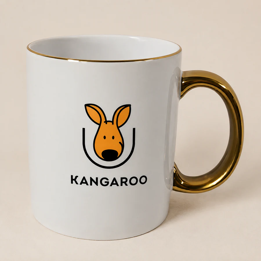 Чашка із золотою ручкою та обідком 330 мл — фото з логотипом KANGAROO