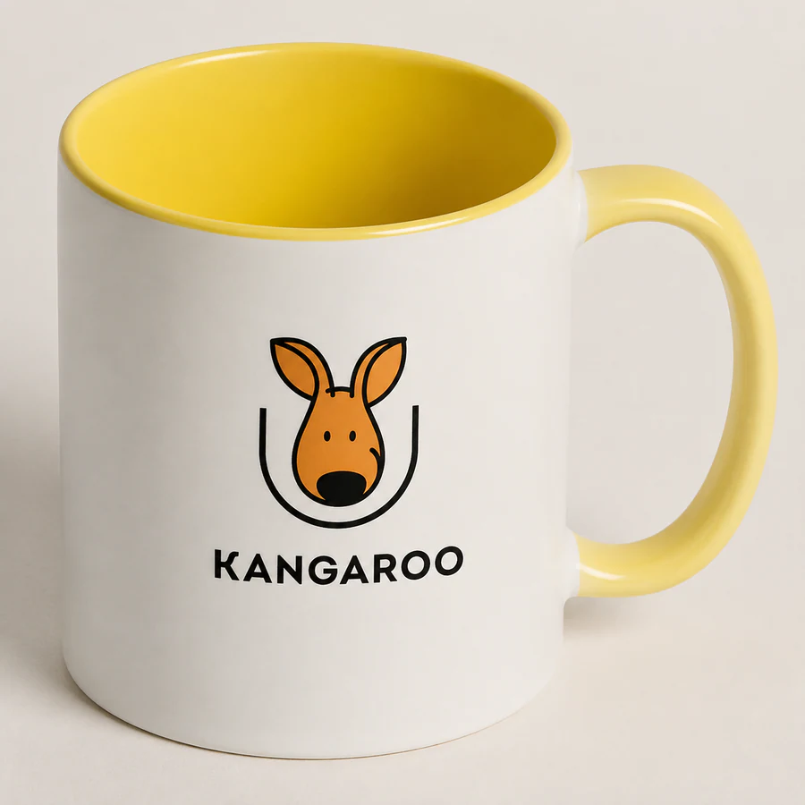 Жовта керамічна чашка 330 мл — фото з логотипом KANGAROO