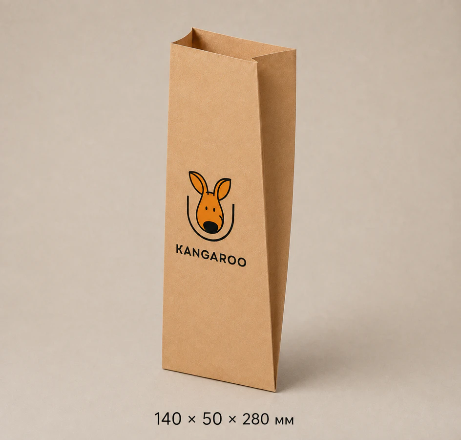 Бурий крафтовий пакет саше 140 × 50 × 280 мм з логотипом KANGAROO