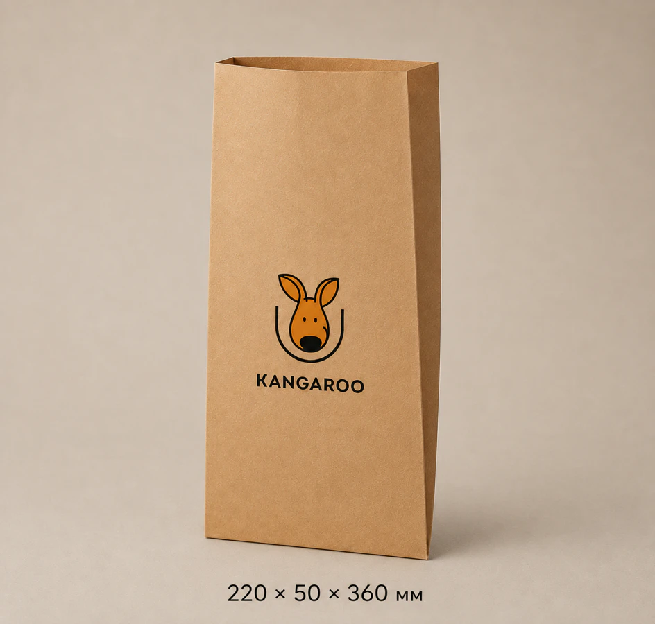 Бурий крафтовий пакет саше 220 × 50 × 360 мм з логотипом KANGAROO