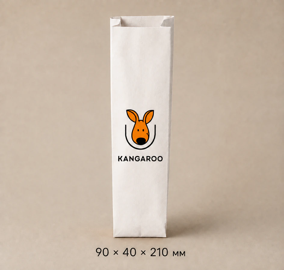 Білий крафтовий пакет саше 90 × 40 × 210 мм з логотипом KANGAROO