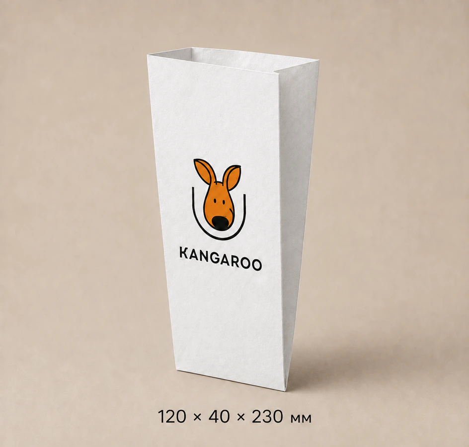 Білий крафтовий пакет саше 120 × 40 × 230 мм з логотипом KANGAROO
