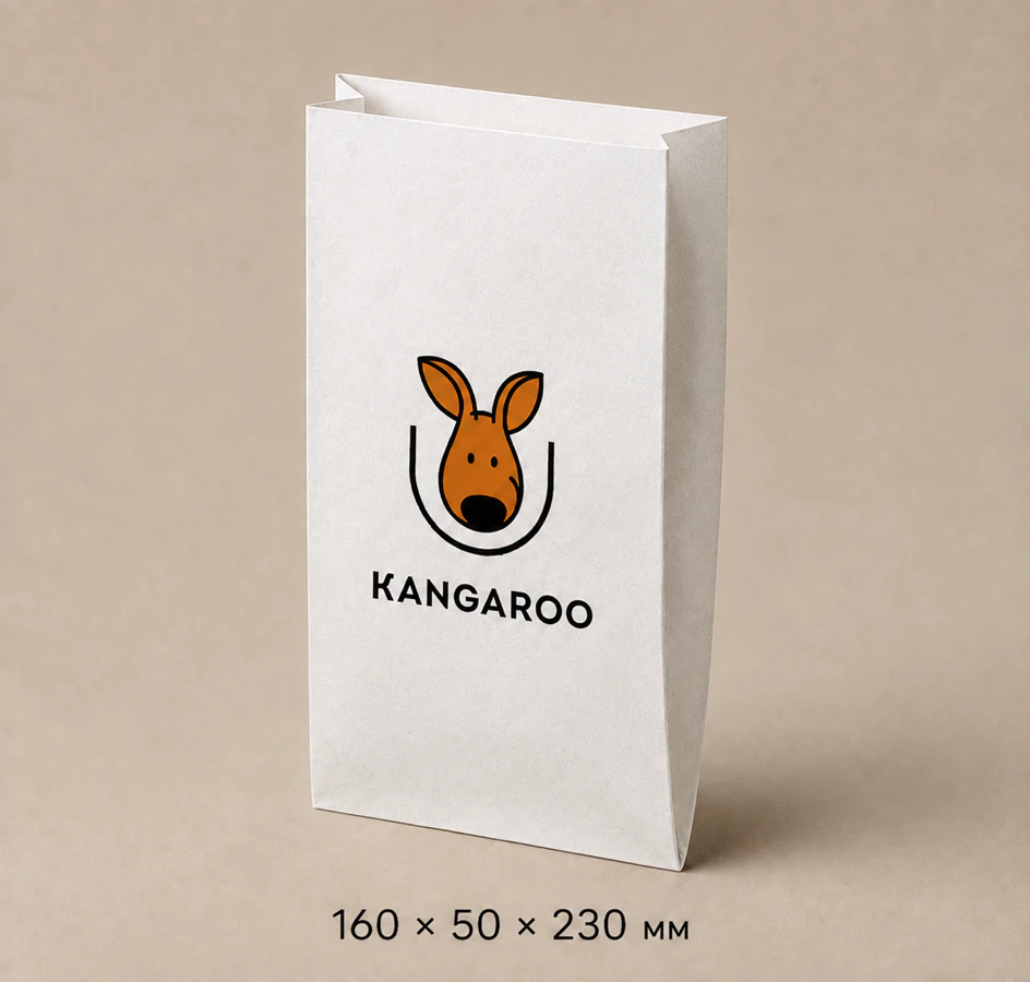 Білий крафтовий пакет саше 160 × 50 × 230 мм з логотипом KANGAROO
