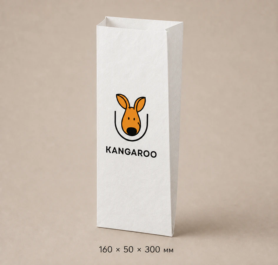 Білий крафтовий пакет саше 160 × 50 × 300 мм з логотипом KANGAROO