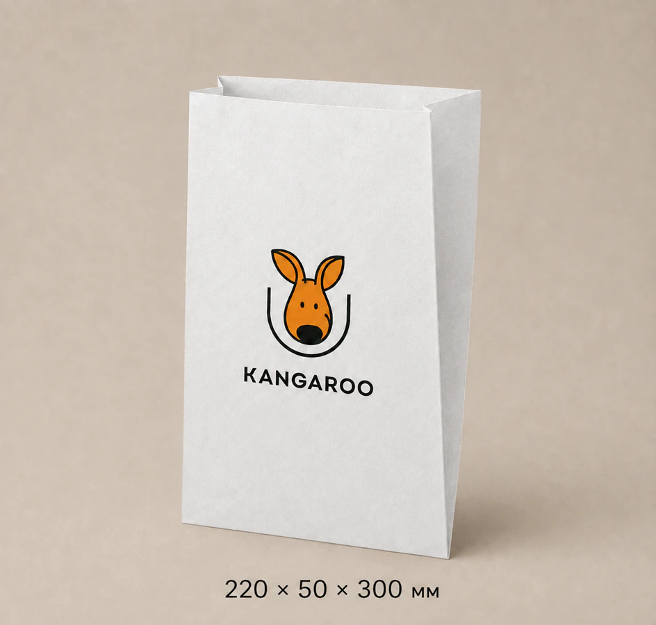 Білий крафтовий пакет саше 220 × 50 × 300 мм з логотипом KANGAROO
