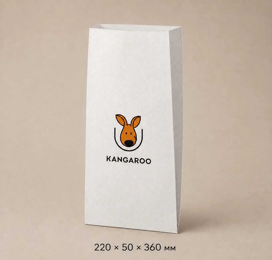 Білий крафтовий пакет саше 220 × 50 × 360 мм з логотипом KANGAROO